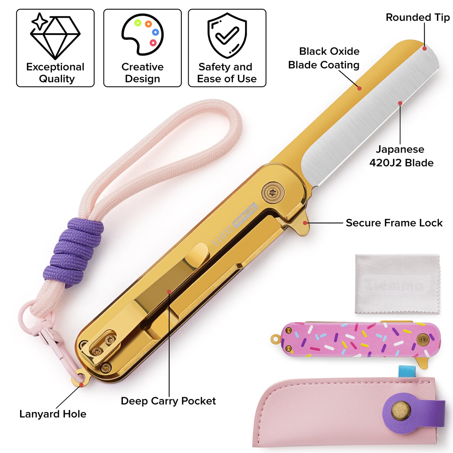 Pocket Knife Set with Clip & Sheath, Lanyard, First Pocket Folding Knife with Rounded Tip for Boys/Girls, Beginner, Black Oxidized Blade 420J2 Stainless Steel-Candy Pattern Handle