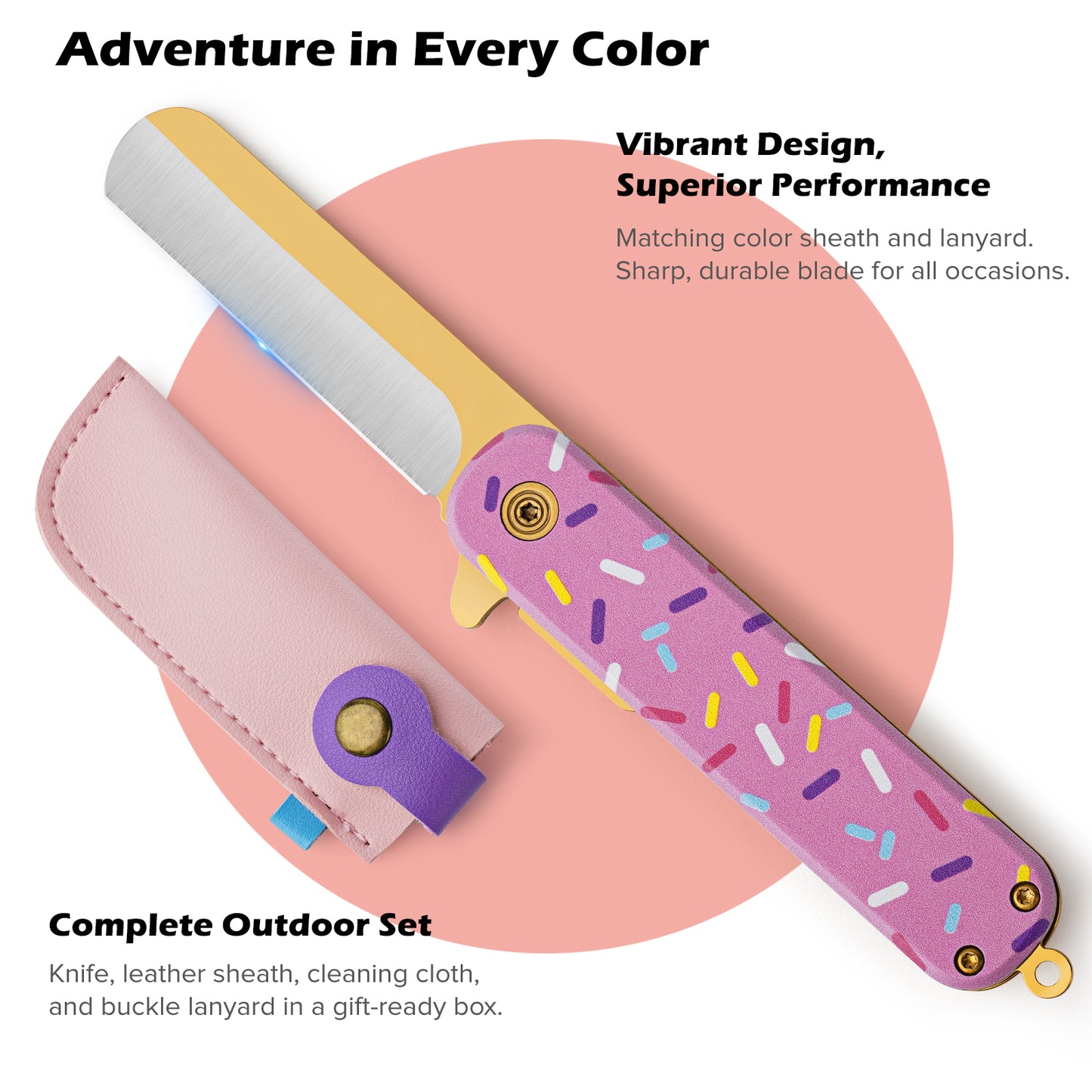 Pocket Knife Set with Clip & Sheath, Lanyard, First Pocket Folding Knife with Rounded Tip for Boys/Girls, Beginner, Black Oxidized Blade 420J2 Stainless Steel-Candy Pattern Handle