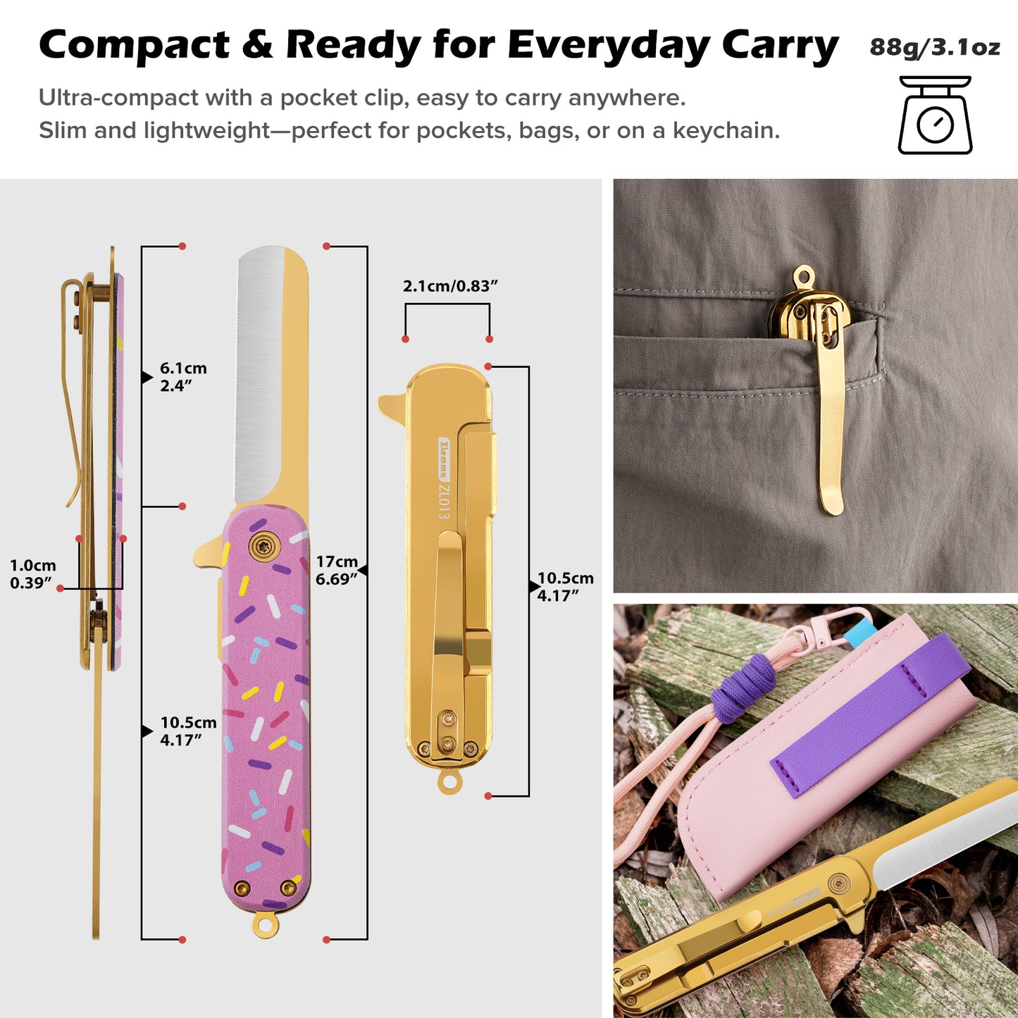 Pocket Knife Set with Clip & Sheath, Lanyard, First Pocket Folding Knife with Rounded Tip for Boys/Girls, Beginner, Black Oxidized Blade 420J2 Stainless Steel-Candy Pattern Handle