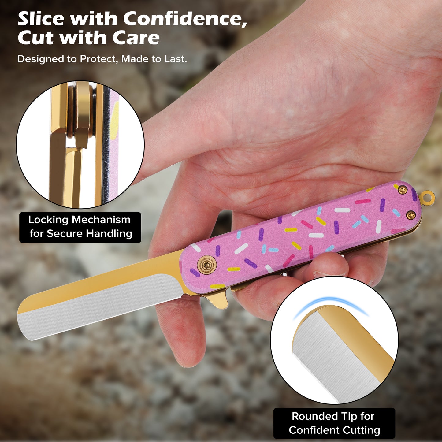 Pocket Knife Set with Clip & Sheath, Lanyard, First Pocket Folding Knife with Rounded Tip for Boys/Girls, Beginner, Black Oxidized Blade 420J2 Stainless Steel-Candy Pattern Handle