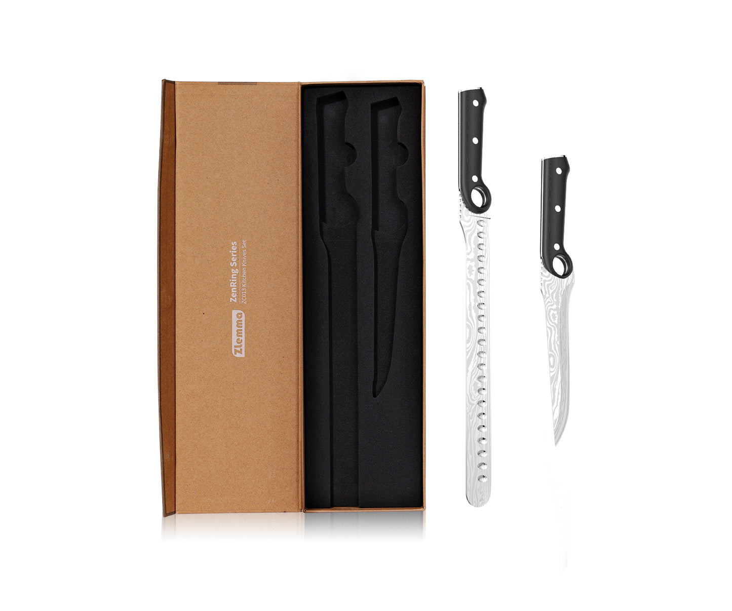 Professional Kitchen Knife Set- 12'' Brisket Carving Knife & 6.8'' Boning Knife with Unique Grip Ring & Gift Box for Chef-High Carbon Stainless Steel with Damascus Pattern- Razor Sharp