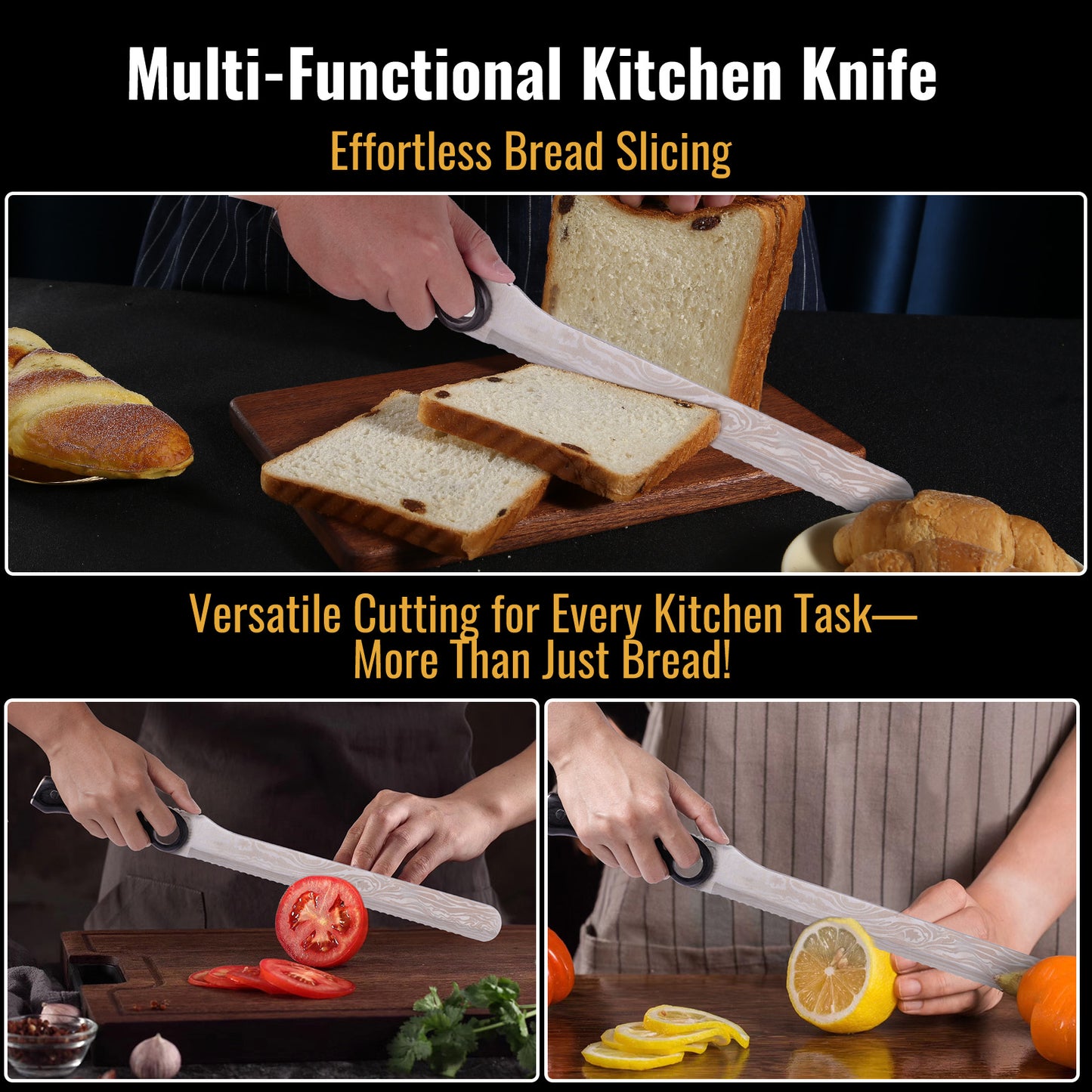 10-Inch Serrated Knife with Finger Ring, 5Cr15MoV Steel Blade, Full-Tang, Pakka Wood Handle, Damascus Pattern – Ideal for Bread, Fruits, and Vegetables