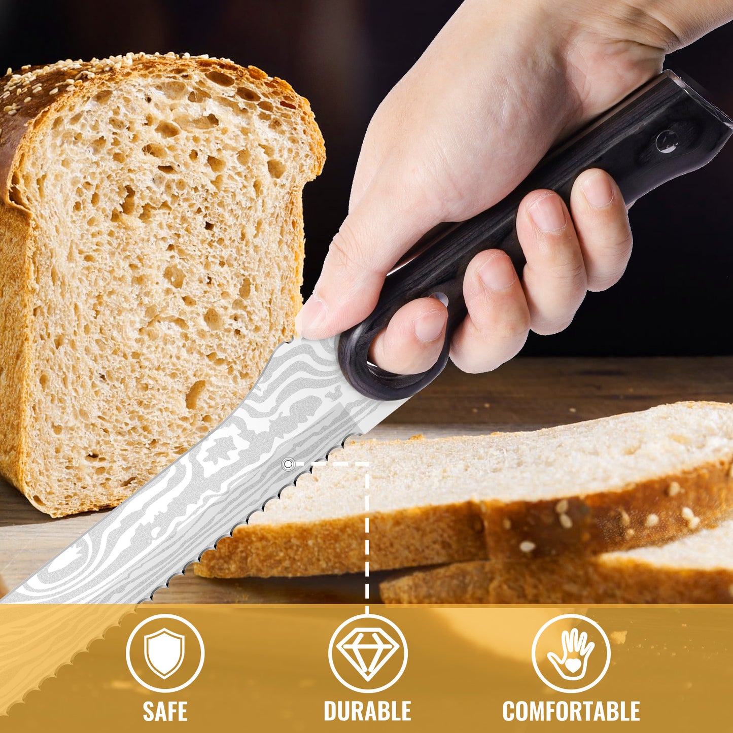 10-Inch Serrated Knife with Finger Ring, 5Cr15MoV Steel Blade, Full-Tang, Pakka Wood Handle, Damascus Pattern – Ideal for Bread, Fruits, and Vegetables